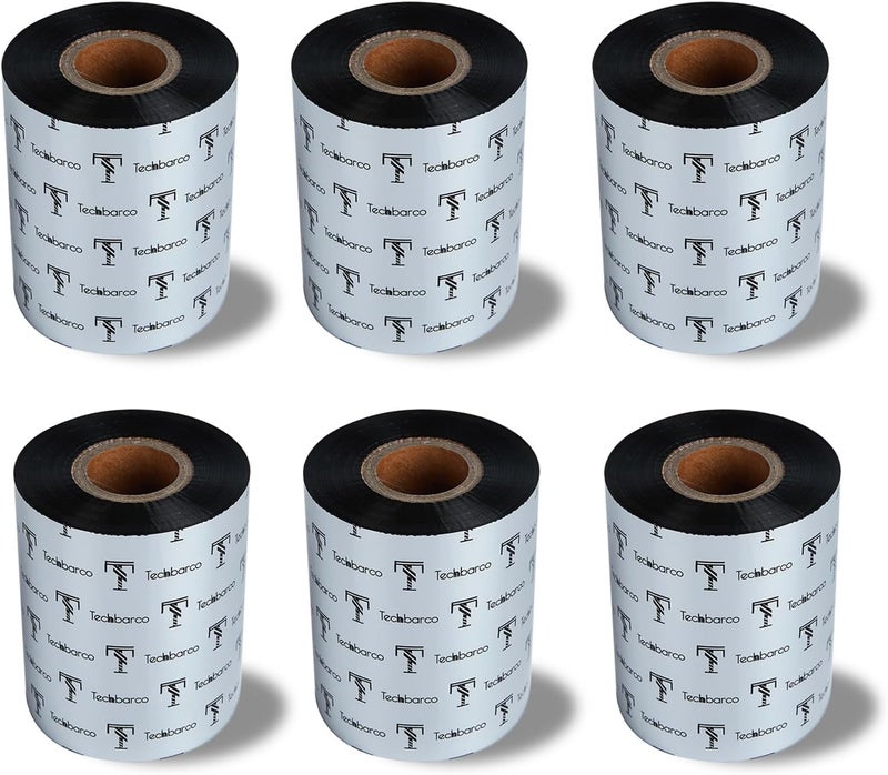 Techbarco 6 Rolls 3.14" x 984' Premium Enhanced Wax Thermal Transfer Ribbon, 80mm x 300m Black Industrial Barcode Label Printer Ribbon - Compatible with Zebra, TSC, GoDex, Citizen, 1" Core - Image 1